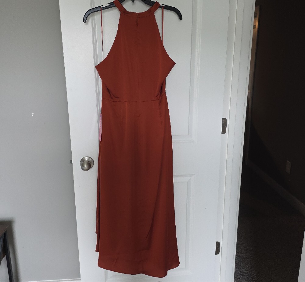 Badgley Mischka Rust Halter Ruffle High-Low Gown - Picture 14 of 16